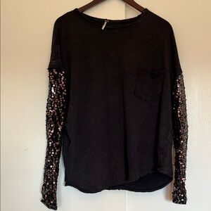 Free People Black Top with Sequin Sleeves